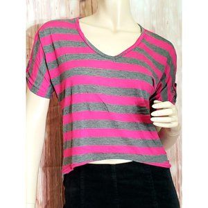 Vintage Y2K Fame 4 Fifteen Striped Crop Top T-Shirt Size M Pink Gray High Low